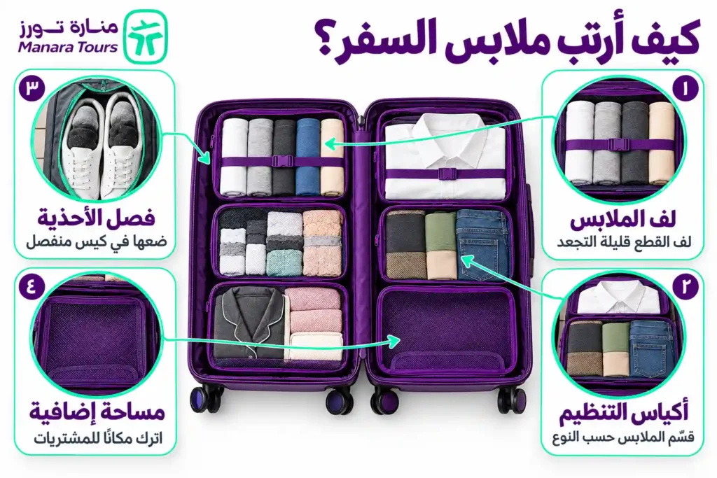 نصائح لتنظيم الملابس وتوفير مساحة في الحقيبة